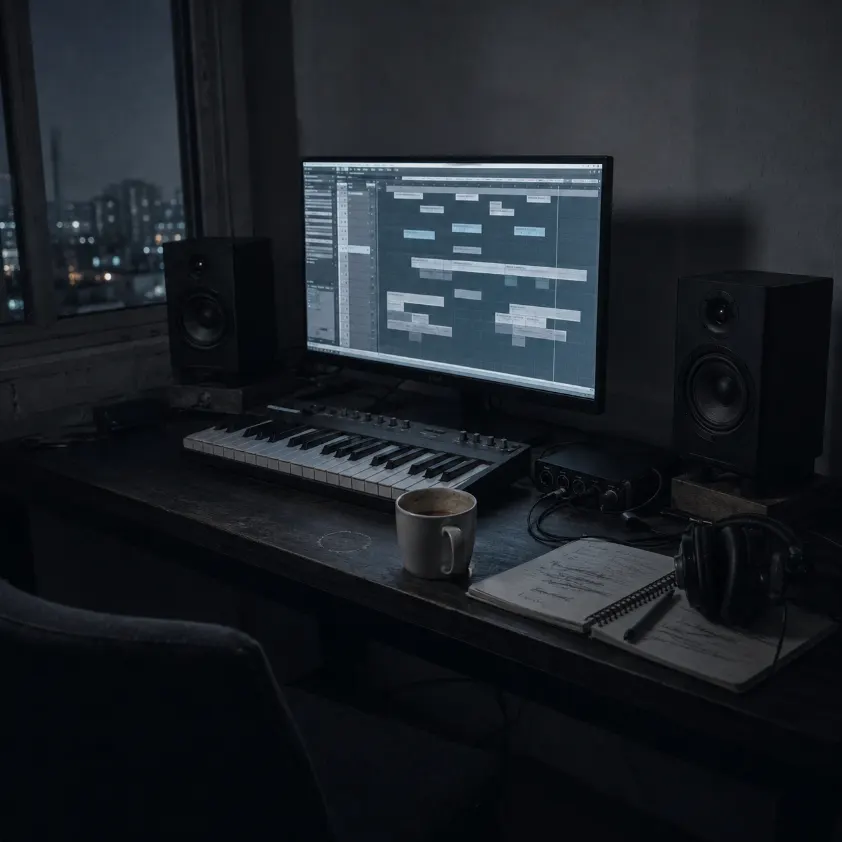 Homestudio um 3 Uhr nachts - Monitorlicht, offene Session, kalter Kaffee