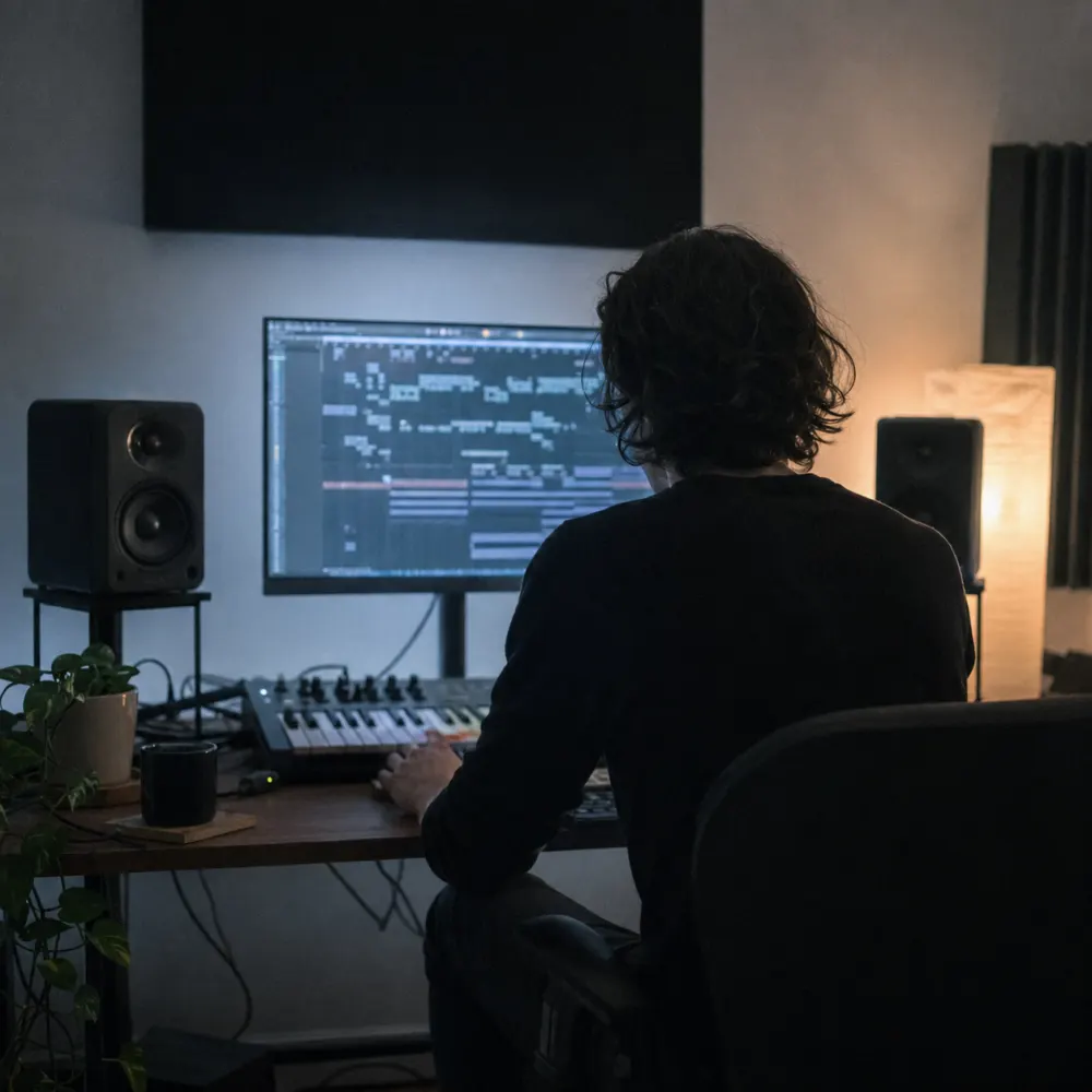 Producer von hinten am Homestudio-Setup